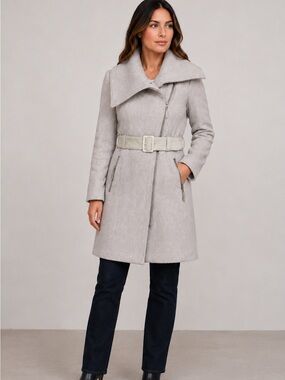 Mackage Wool Blend Belted Coat Gray Textured Leather Trim Canada Sz Large